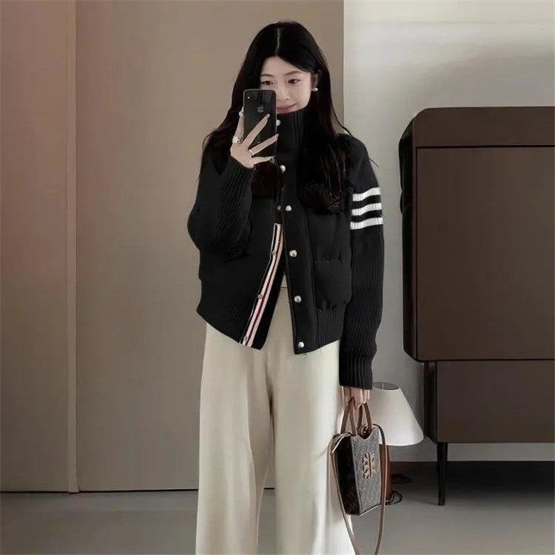 Little Women's Wear Knitted Stitching Coat Down Cotton-padded Short Female 2025 Winter Casual Jacket Loose Collar Thick Overwear