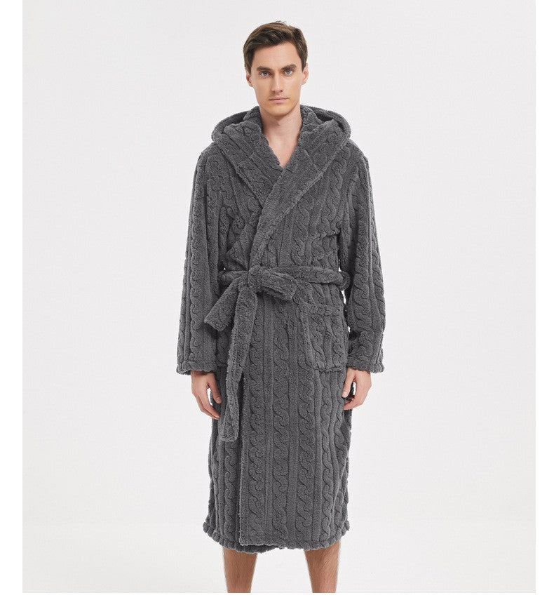 New American Cotton Velvet Jacquard Hooded Men's Dressing Gown with Fleece Thickened Autumn and Winter Couple Dressing Gown