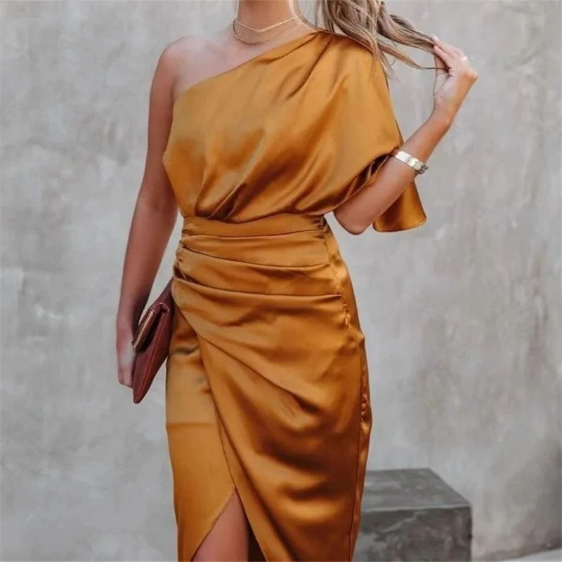 Elegant High-end Feel Women's Evening Dress Solid Color Irregular Midwaist Cross