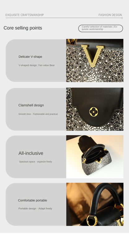 Luxury Fashion Diamonds Women's Handbags 2025 New V Letter Small Shoulder Crossbody Bag Genuine Leather Messenger Shell Bags