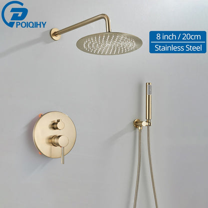 Brushed Gold Shower Faucet Embedded In 2 Ways Shower Mixers Wall Mounted Rainfall Bathroom Shower Tap Stainless Steel Head