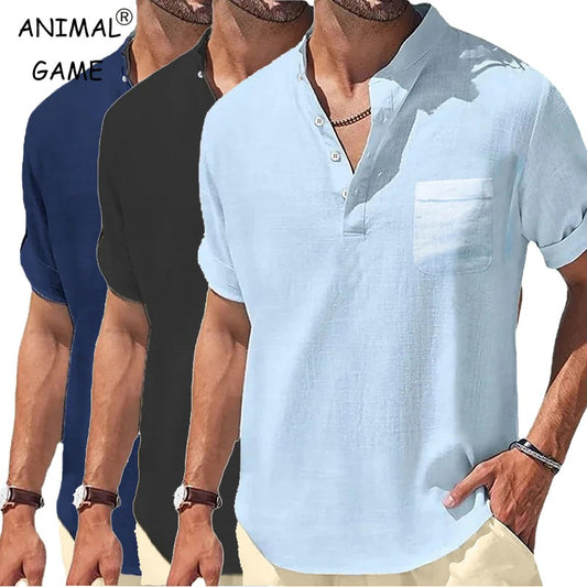 New Men's Short Sleeve Breathable T-shirts Summer Solid Color Basic Pocket Shirts for Men Oversized Half Button Linen Streetwear
