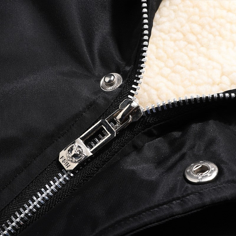 Winter Warm Thickened Hooded Jacket With Raw Edge Lined Aviator Jackets Embroidered Badge Design Outdoor Windproof Men's Coat