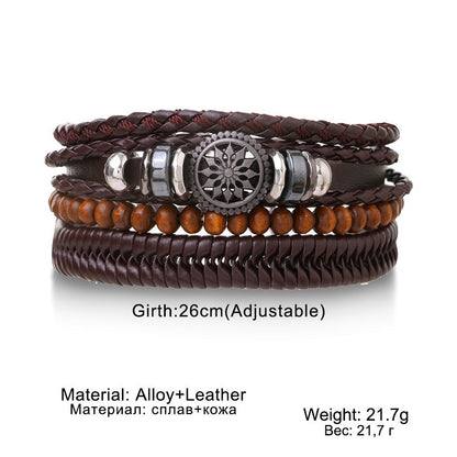 Conjunto de 4 Pulseiras Masculinas Trançadas de Couro com Fecho, Vintage Árvore da Vida Leme, Miçangas de Madeira, Étnicas Tribais, Bracelete de Corda