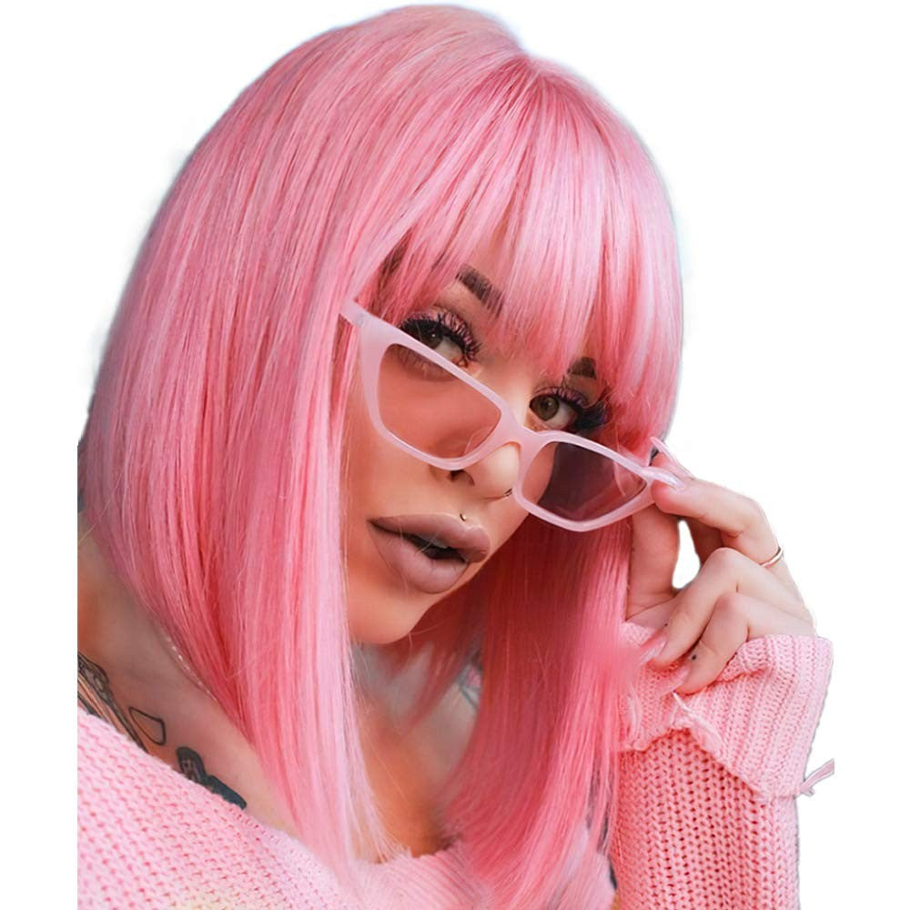 Peruca sintética rosa de 30 cm, curta e reta, para cosplay, penteado pompadour, peruca de cabelo de alta temperatura para uso diário
