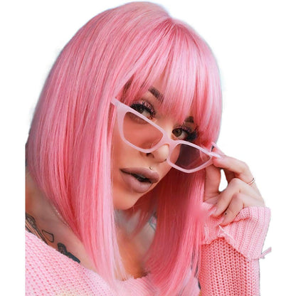 Peruca sintética rosa de 30 cm, curta e reta, para cosplay, penteado pompadour, peruca de cabelo de alta temperatura para uso diário