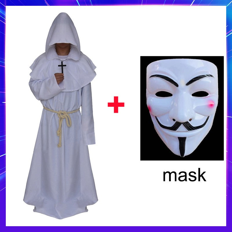 Halloween Wizard Cosplay Medieval Monk Hooded Robe Costume Mask Hat For Men Steampunk Priest Horror Masquerade Unisex Cloak Cape
