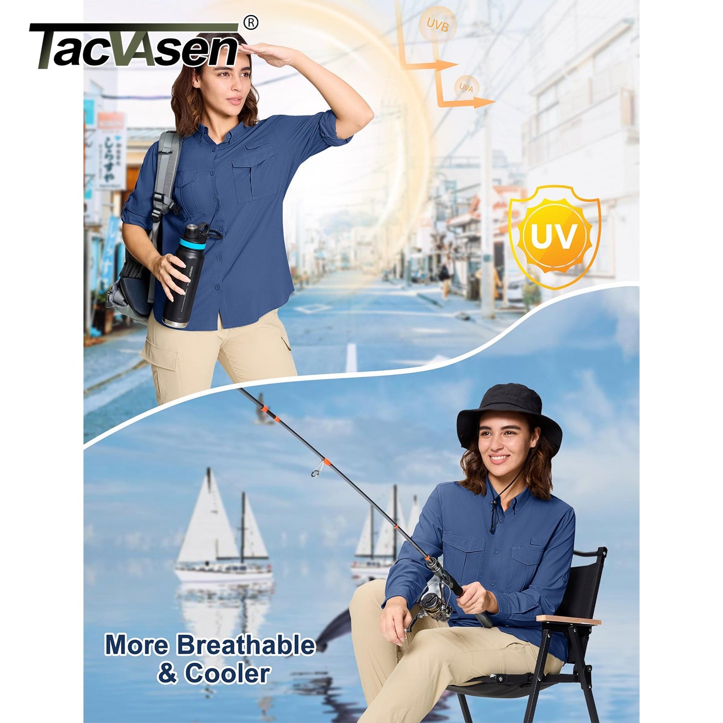 TACVASEN Womens UPF 50+ Fishing Shirts UV Block Quick Dry Long Sleeve Cargo Shirts Breathable Mesh Outdoor Trekking Hiking Shirt