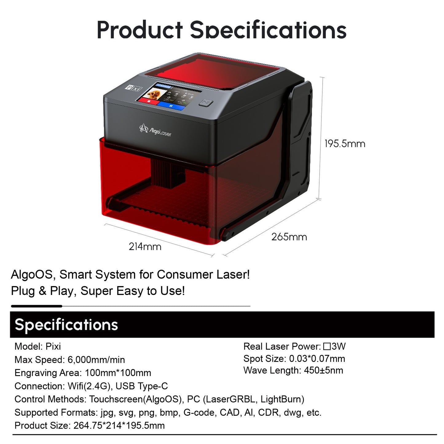 Máquina de Gravação a Laser AlgoLaser PIXI Portátil e Inteligente com Tela Sensível ao Toque de 3,5", Desenho à Mão/Sem Fio/Cartão SD/Gravação Offline
