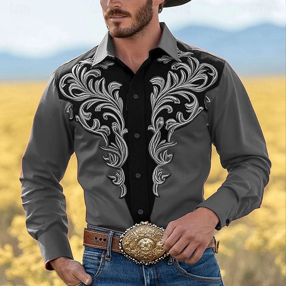 Vintage Men's Floral Print Flowers Shirt Western Shirt Cowboy Shirt Button Up Shirts Long Sleeve Casual 3D Print Collared Shirt