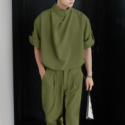 INCERUN Men Sets Solid Color Pleated Shirt & Pants Two Pieces Sets Loose Streetwear 2025 Fashion Men's Casual Suits S-5XL