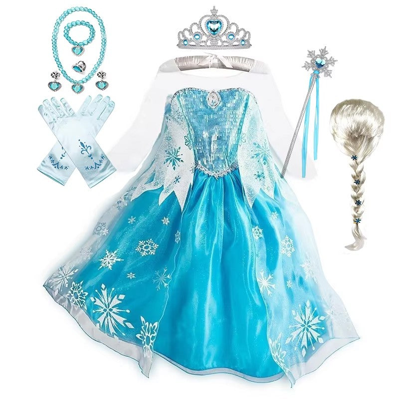 Girls Ice Snow Princess Cosplay Dress with Long Cloak Kids Outfit for Halloween Carnival Birthday Theme Party Role?Play Dress?Up