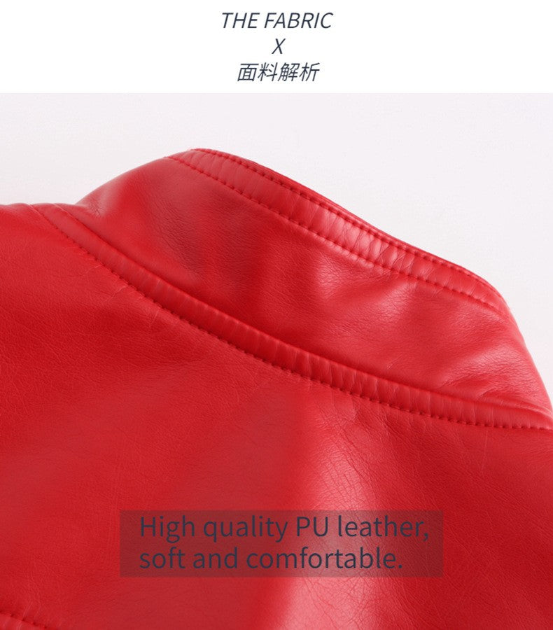 Women's Bright Red Lapel PU Jacket, Zippered Embellished Leather Jackets, Women Fashion Casual Coat of Female Outerwear