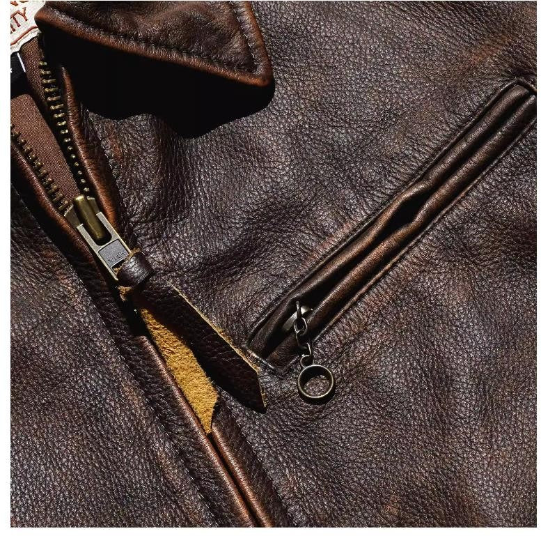 YR!Wholesales.Retro 1930 quality natural cowhide jacket.Vintage brown genuine leather coat.Slim fit.Classic Rider leather cloth