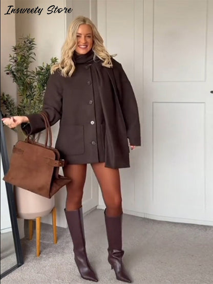 Fashion British Style Trench Coat with Detachable Scarf Women's Single Breasted Long Sleeve Jacket 2025 Winter Classic Outerwear