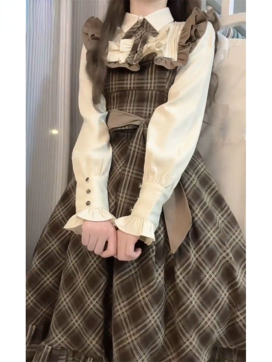 French Vintage Midi Dress Women Casual Evening Party Plaid Dress Office Lady Out