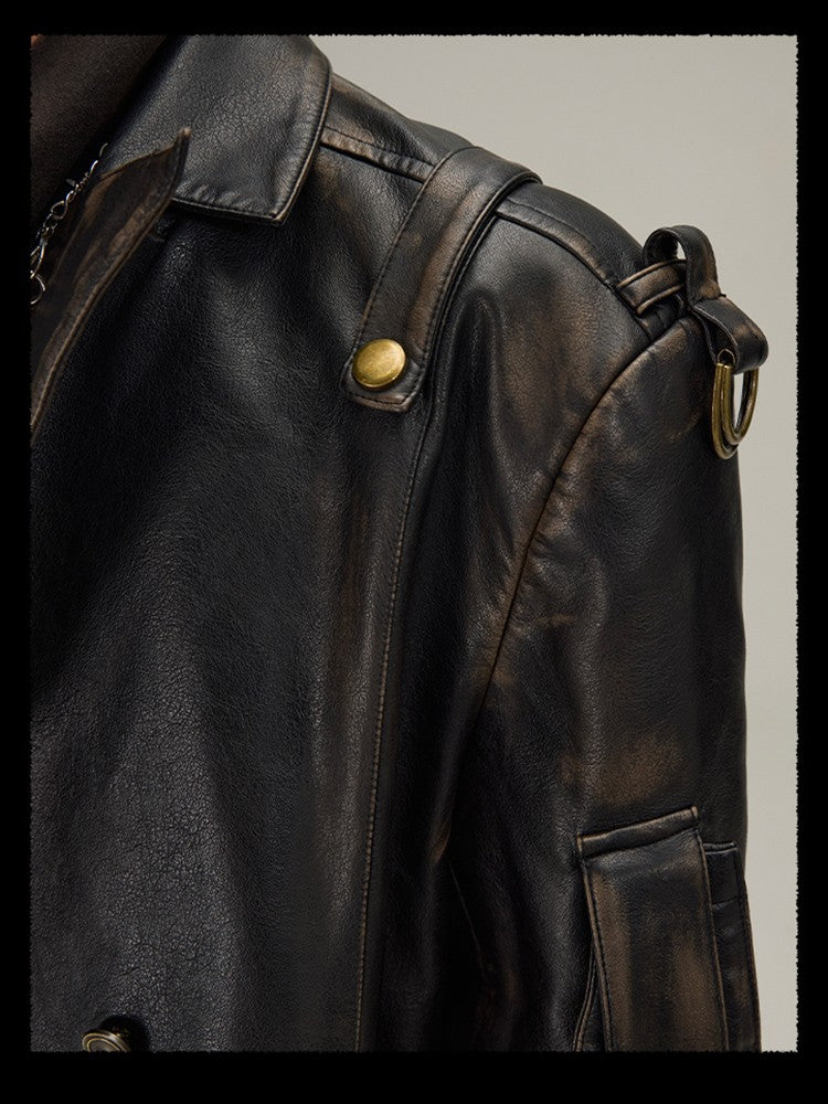 Mauroicardi Spring Autumn Long  Distressed Black Pu Leather Trench Coat Men Belt Double Breasted Luxury European Fashion 2023