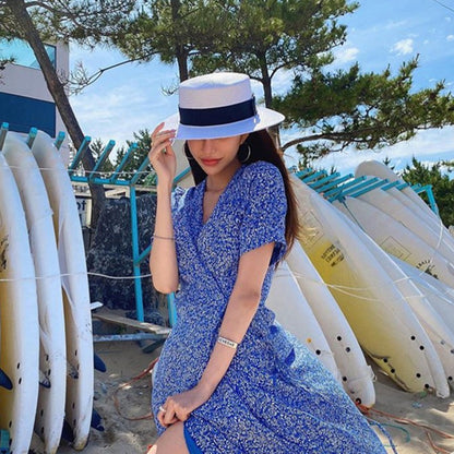 Chapéu de Sol Unissex de Verão com Topo Plano para Mulheres e Homens, Cor Sólida, Aba Larga, Fita Preta, Chapéu de Palha de Praia Dobrável, Bonés Frescos para Férias
