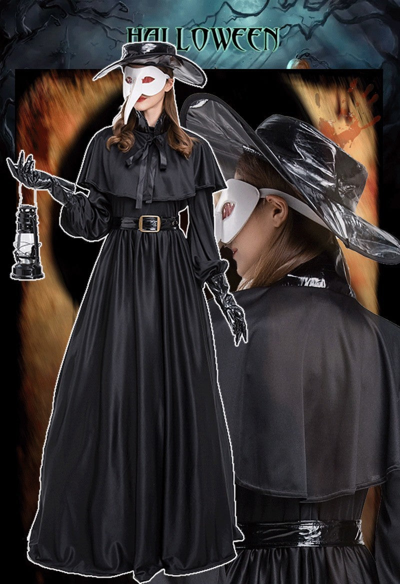 Halloween Medieval Hooded Robe Plague Doctor Costume Mask Hat for Men Monk Cosplay Steampunk Priest Horror Wizard Cloak Cape 5XL