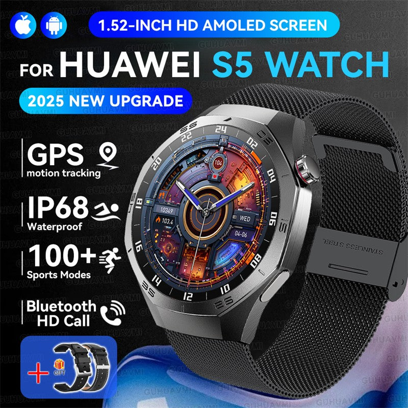 Smartwatch GUHUAVMI GT5 Pro 2025 Masculino com Tela HD AMOLED, GPS, Monitor de Trajetória de Movimento, Frequência Cardíaca, Chamada Bluetooth e 1.52", IP68