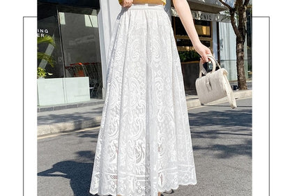 Plus Size plus Size Lace Hollow out f Skirt mid Waist Long Sle Fairy Skirt A-Line Umbrella Skirt Trendy Women's Clothing