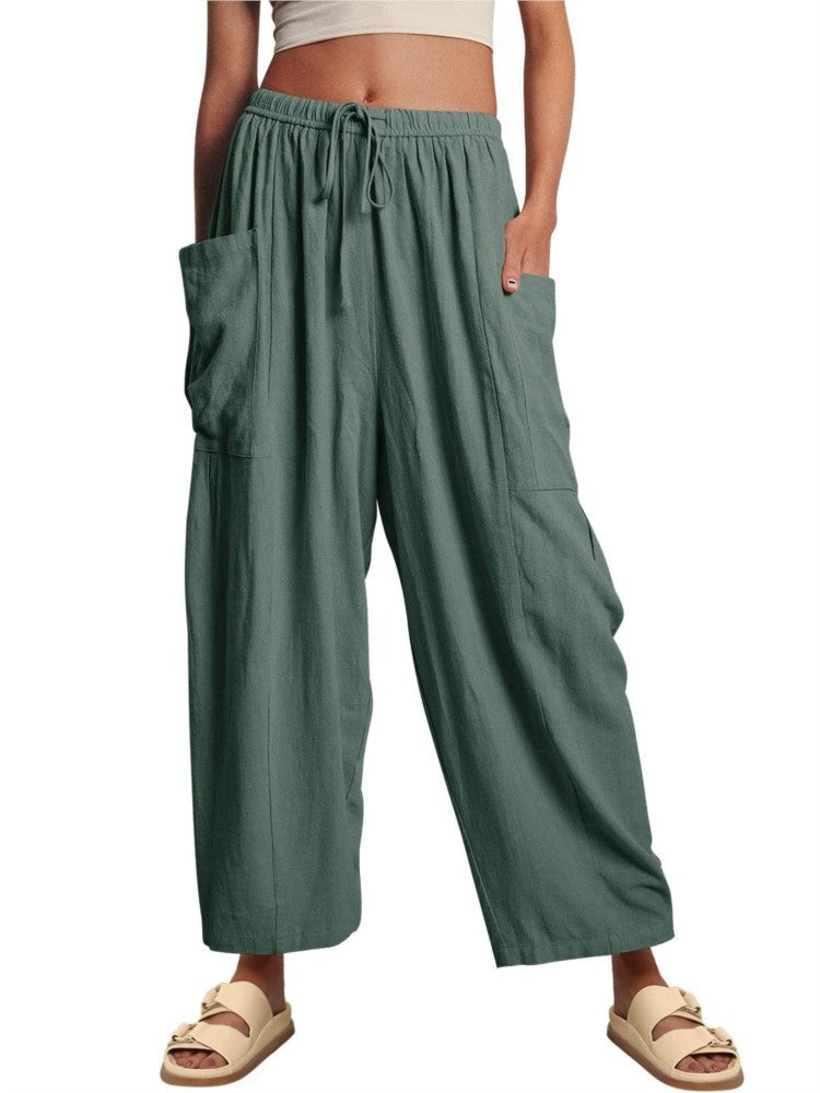 Women's Stretched-waist Pleated High-waisted Wide-leg Trousers Spring Autumn Fashion Cotton Linen Pocket Casual Trousers Woman