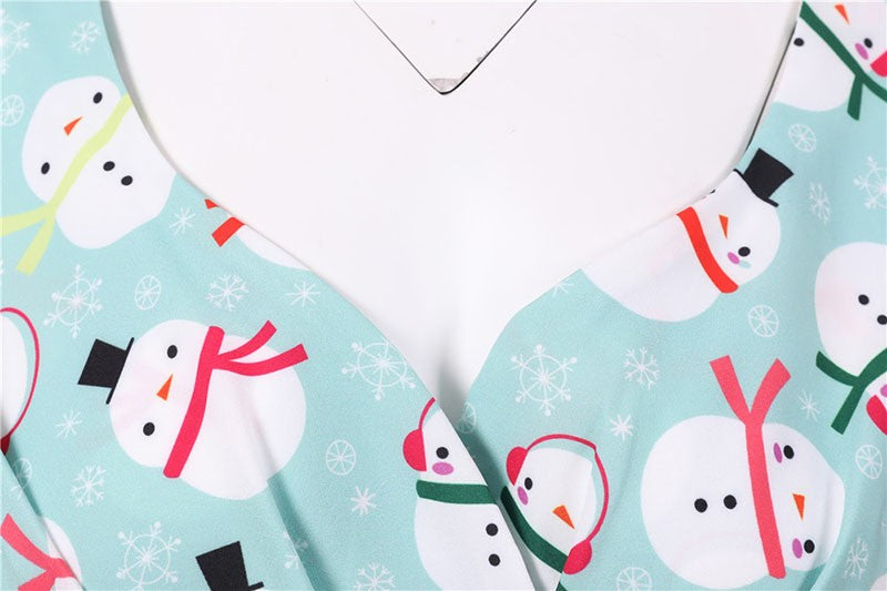 Fashion V-neck Short Sleeve Printed Christmas Dress Large Swing Vintage Elegant Xmas Party Dress