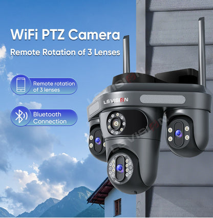 LS VISION Multiple Lens 3 Screen Wifi Outdoor Security Solar  Camera Panoramic Monitor Mobile   Siren Alarm Solar CCTV Camera