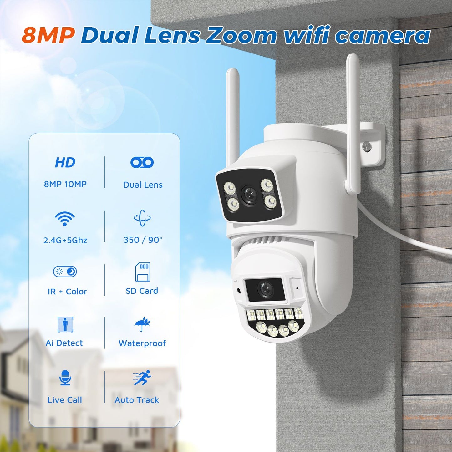 10MP 5K Wifi IP Camera Outdoor 2.4GHZ 5GHZ PTZ Surveillance Camera Dual Lens Dual Screens Email Alert 4K Security Protection