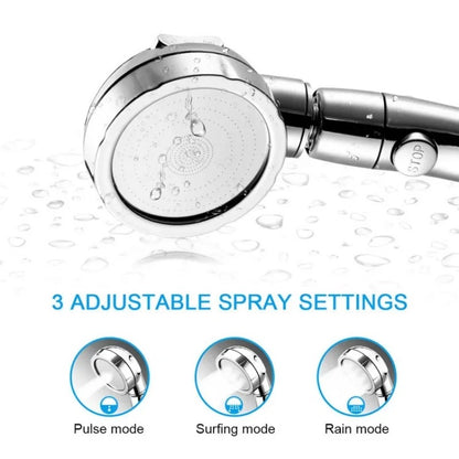 Chuveiro de mão giratório de 360 graus com 3 configurações de spray e botão de pausa ON/OFF, com ajuste de economia de água
