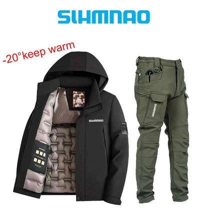 Conjunto de Terno de Pesca Masculino de Inverno 2025, Novo, Quente, Jaqueta Grossa Corta-Vento para Atividades ao Ar Livre, Calças de Algodão Quentes Resistentes ao Frio e à Neve