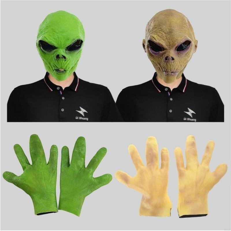 B95F Full Face Alien Mask for Adults Halloween Alien Mask Gloves Set, Alien Cosplay Costumes Props, for Halloween Party