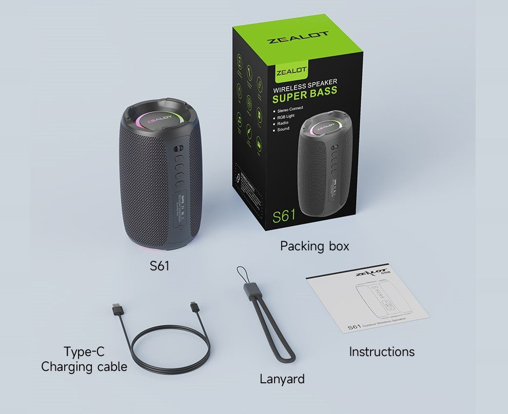 Caixa de Som Bluetooth Zealot-S61, com Proteção à Prova d'Água IPX6 e Graves para Ambiente Externo para Festas no Quintal e na Praia, Alto-falante de 10W