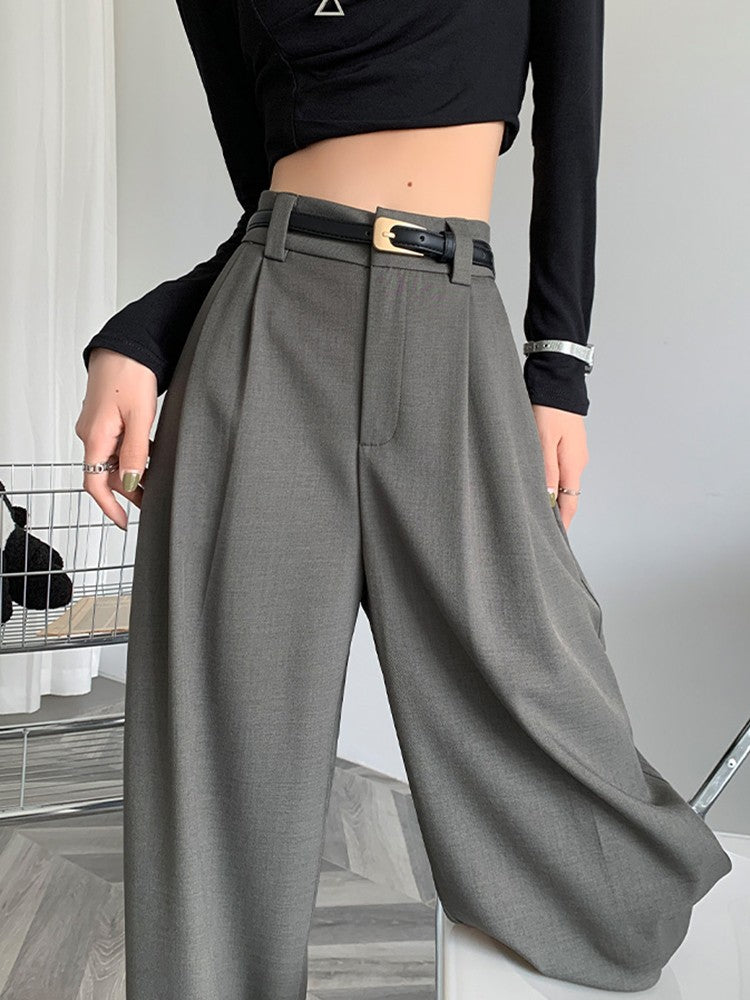 2024 Fall Winter Elegant Gray Suits Pants for Women Office Lady High Waist Wide Leg Fashion Trousers with Pockets Black Pants