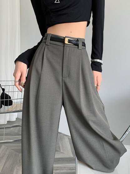 2024 Fall Winter Elegant Gray Suits Pants for Women Office Lady High Waist Wide Leg Fashion Trousers with Pockets Black Pants