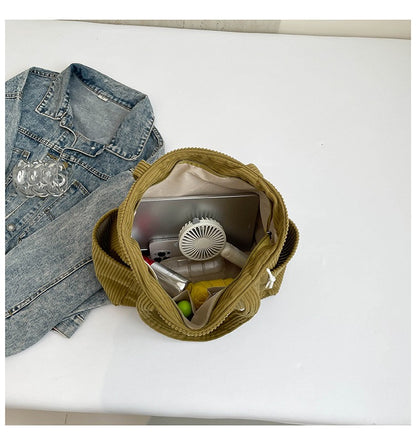 Casual Corduroy Handbag with Zipper Closure Light and Large Capacity Fixed Shoulder Strap Solid Color Daily Commuter Handbag