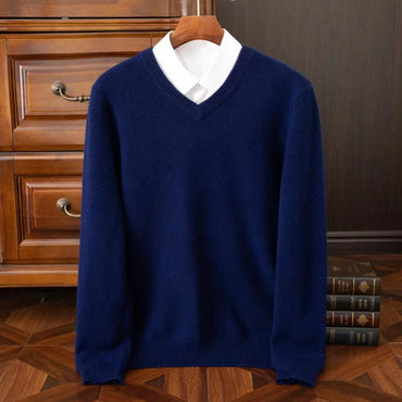 2025 Men's 100% Merino Wool Cashmere V-neck Sweater Pullover Smart Casual Basic Long Sleeve Knitwear Clothes Tops Autumn Winter