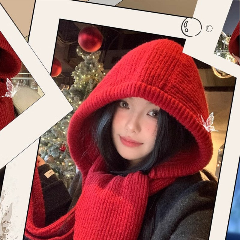 Knitted Winter Balaclava One-piece Thickened Scarf Cap Winter Accessories Hooded Hat Neck Protection Scarf Cold Weather New