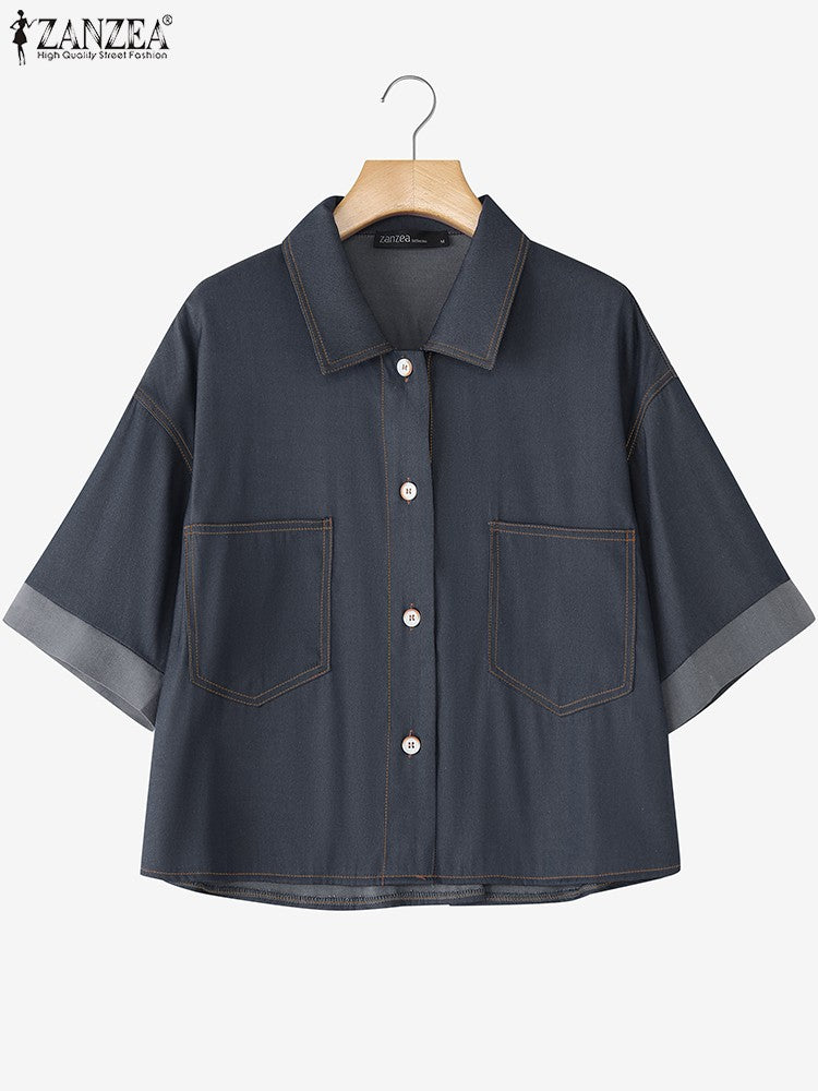 ZANZEA Denim Cardigan Shirts Women Elegant Office Blusas Casual Lapel Neck Outwears 2025 Half Sleeve Solid Color Fashion Tunic