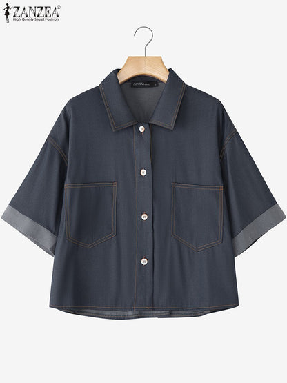 ZANZEA Denim Cardigan Shirts Women Elegant Office Blusas Casual Lapel Neck Outwears 2025 Half Sleeve Solid Color Fashion Tunic
