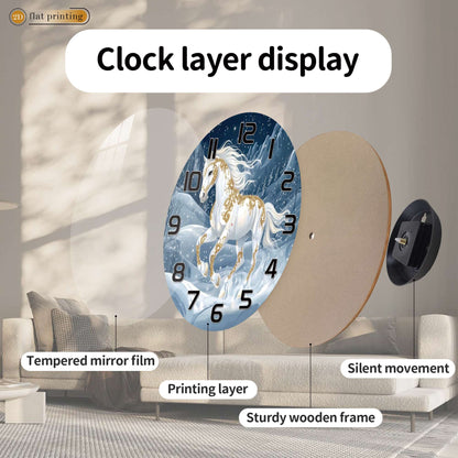 White Horse Snowy Landscape Wall Clock, Golden Ornamental Winter Scene, Festive Dreamy Unicorn-Inspired Home Decor
