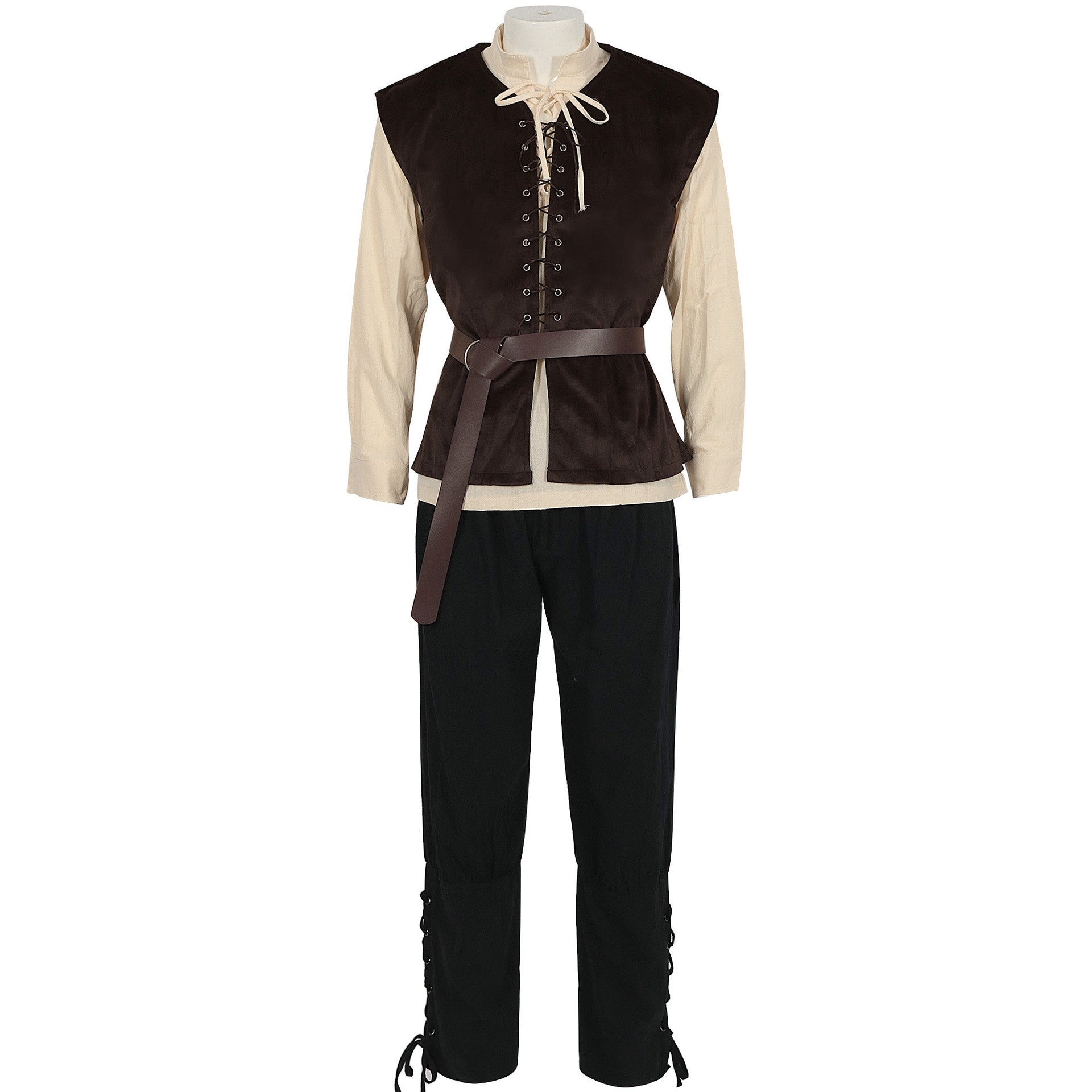 4 Pcs Men's Halloween Renaissance Costume Set Medieval Vest Shirt Ankle Banded Pants Viking Belt Armband Pouch