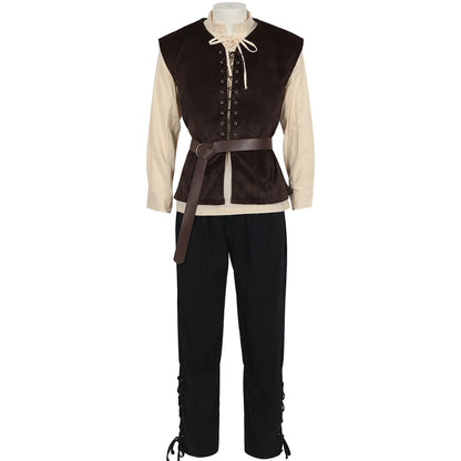 4 Pcs Men's Halloween Renaissance Costume Set Medieval Vest Shirt Ankle Banded Pants Viking Belt Armband Pouch