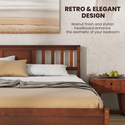 Estrutura de Cama Queen Size de Madeira Maciça, Estrutura de Cama Queen de Meio Século com Cabeceira, Suporte de Estrado de Madeira, Cama de Painel, Sem B