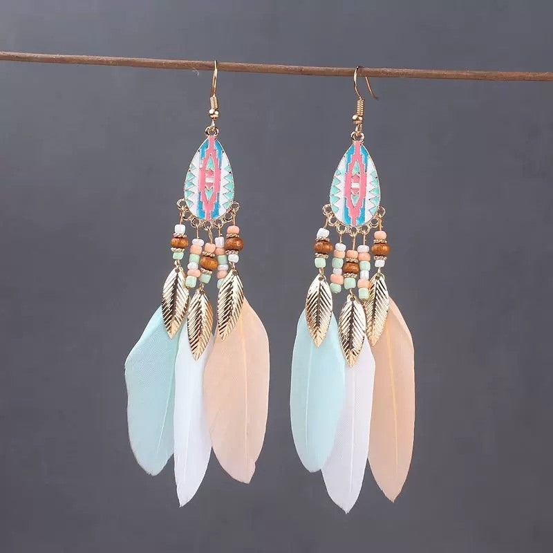 Brincos femininos longos de pena estilo boho, praia, com borla longa, miçangas, flores artesanais esmaltadas, para noiva, casamento, Pendientes Mujer