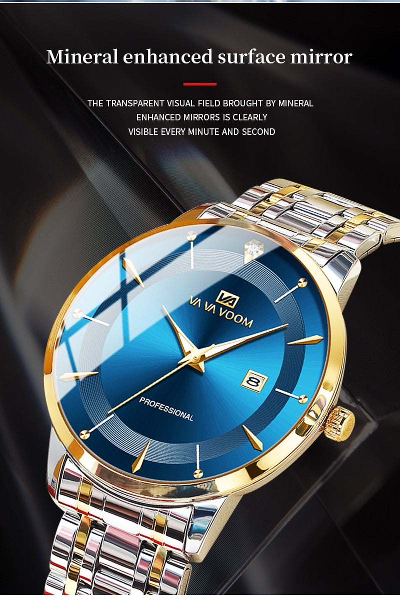 2024 New Men Watch Stainless Steel Business Style Luxury Rhinestone 43mm Blue Gold Quartz Movement Wristwatch Relogios Masculino