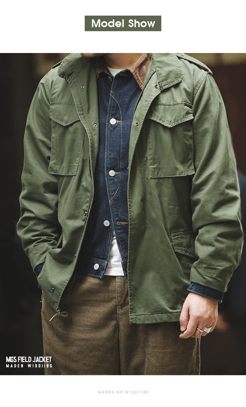Maden Military M65 Field Jackets For Men's Green Vintage Army Jacket Casual Windbreaker Solid Lapel Collar with Pockets Overcoat