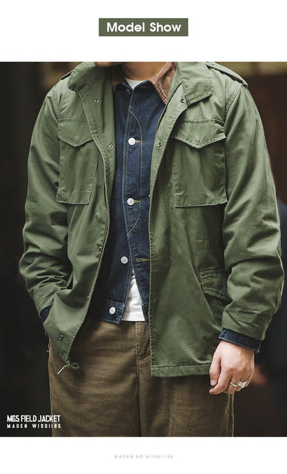 Maden Military M65 Field Jackets For Men's Green Vintage Army Jacket Casual Windbreaker Solid Lapel Collar with Pockets Overcoat