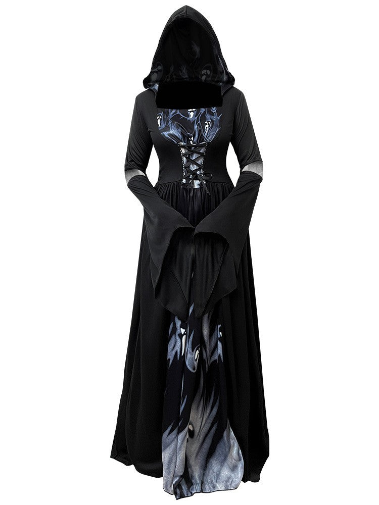 Halloween Witch Dress Gothic Vintage Dark-Style Hooded Vampire Dresses Bell Sleeves Full Skirt Waist Cinched Festival Party Gown