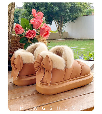 Cute Warm Ankle Boots Winter Women's Bow Warmth Plush Bow Cotton Shoes 2025 New Waterproof Down Cloth Short Barrel Snow Boots